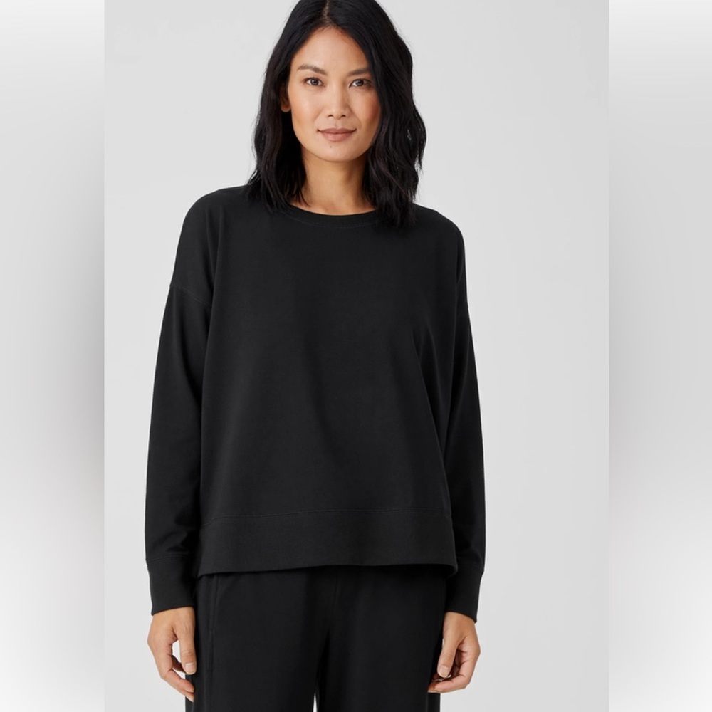 Eileen Fisher Organic Cotton Jersey Crew Neck Boxy Fit Side Slits Top Stretch